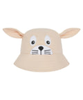 Hats: Beige bucket hat styled as an animal face with floppy fabric ears, oval eyes, a round nose, and a stitched mouth with whiskers on the front.