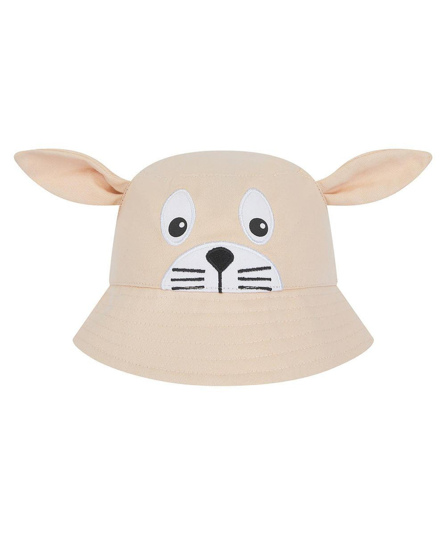 Hats: Beige bucket hat styled as an animal face with floppy fabric ears, oval eyes, a round nose, and a stitched mouth with whiskers on the front.
