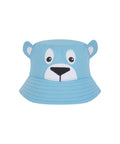A light blue Hats product featuring cartoon bear details: white ears, big white eyes with black pupils, and a black nose and mouth outlined in white on the front.