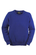 A vibrant blue crew neck sweater with long sleeves. The material appears to be soft and knit, and the sweater features ribbed cuffs, neckline, and hem. The label inside the collar is visible but not readable in the image. This is a Lambswool by Balmoral.