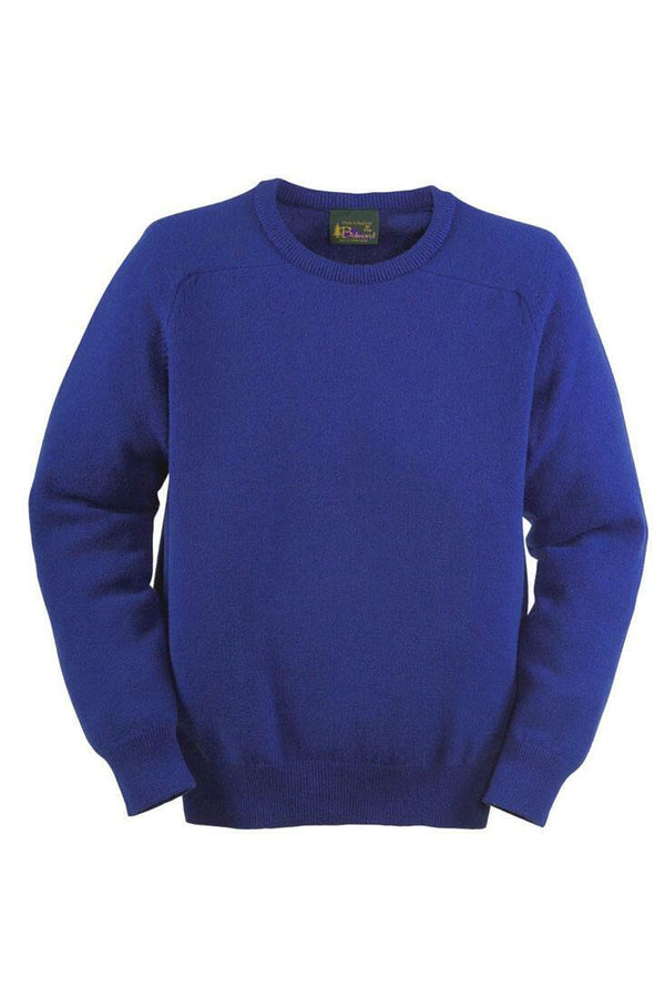 A vibrant blue crew neck sweater with long sleeves. The material appears to be soft and knit, and the sweater features ribbed cuffs, neckline, and hem. The label inside the collar is visible but not readable in the image. This is a Lambswool by Balmoral.