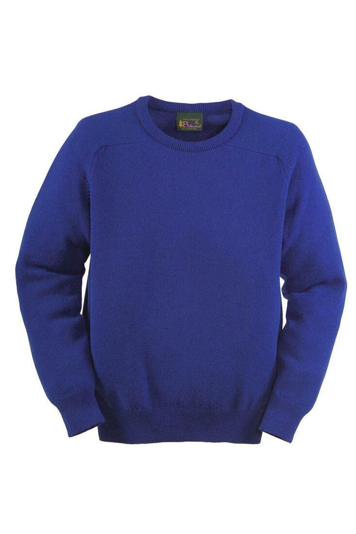 A vibrant blue crew neck sweater with long sleeves. The material appears to be soft and knit, and the sweater features ribbed cuffs, neckline, and hem. The label inside the collar is visible but not readable in the image. This is a Lambswool by Balmoral.