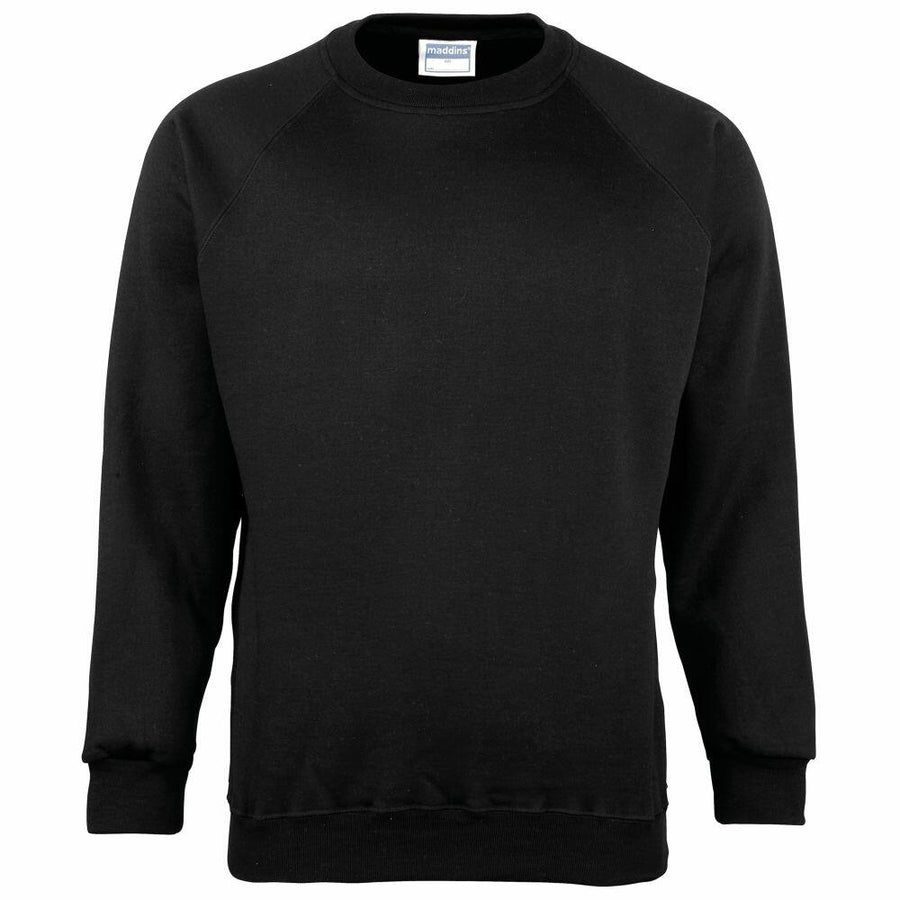 Maddins MD01B black crewneck sweatshirt featuring long sleeves, presented on a plain white background.
