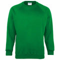 The MD01B by Maddins is a vibrant green crewneck sweatshirt featuring long sleeves, along with ribbed cuffs and hem, presented against a plain white background.