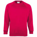 A plain red crewneck sweatshirt, featuring long sleeves and ribbed cuffs, from Maddins' MD01B collection, displayed against a white background.