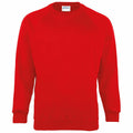 The MD01B by Maddins is a plain red crewneck sweatshirt featuring long sleeves and ribbed cuffs. It boasts a simple, solid color design without any visible logos or patterns.