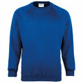 The MD01B crewneck sweatshirt by Maddins, featuring a plain blue color and long sleeves, is displayed against a white background.