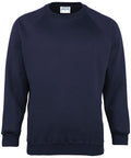 Introducing the MD01M by Maddins: a navy blue crewneck sweatshirt with long sleeves, embodying a simple and classic design, showcased against a white background.