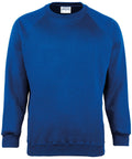 The MD01M by Maddins is a plain blue crewneck sweatshirt featuring long sleeves and ribbed cuffs, showcased against a white backdrop.