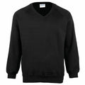 MD02B by Maddins, a black V-neck sweatshirt with long sleeves in a plain design, displayed against a white background.