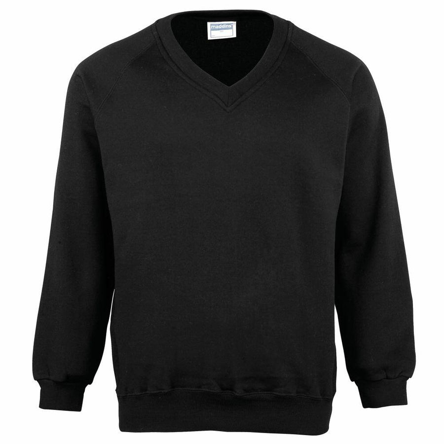 MD02B by Maddins, a black V-neck sweatshirt with long sleeves in a plain design, displayed against a white background.