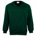 MD02B by Maddins is a green V-neck sweater featuring long sleeves and a plain design, showcased on a white background.