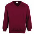 A long-sleeved, burgundy V-neck sweatshirt from Maddins, model MD02B, displayed on a white background.