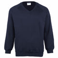The Maddins MD02B is a plain navy blue V-neck sweatshirt featuring long sleeves, ribbed cuffs, and a tag at the neckline.