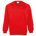 MD02B by Maddins is a vibrant red sweater featuring long sleeves and a V-neck, complete with ribbed cuffs and waistband.