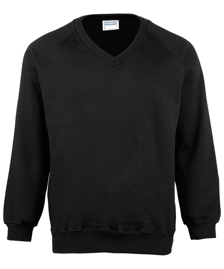 MD02M by Maddins, a black V-neck sweatshirt with long sleeves, displayed on a plain white background.