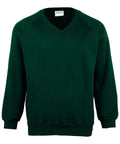 Introducing the Maddins MD02M, a dark green V-neck sweatshirt featuring long sleeves and elastic cuffs.