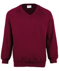 Maddins' MD02M sweatshirt features a maroon V-neck design with long sleeves, complete with ribbed cuffs and hem, showcased against a white backdrop.