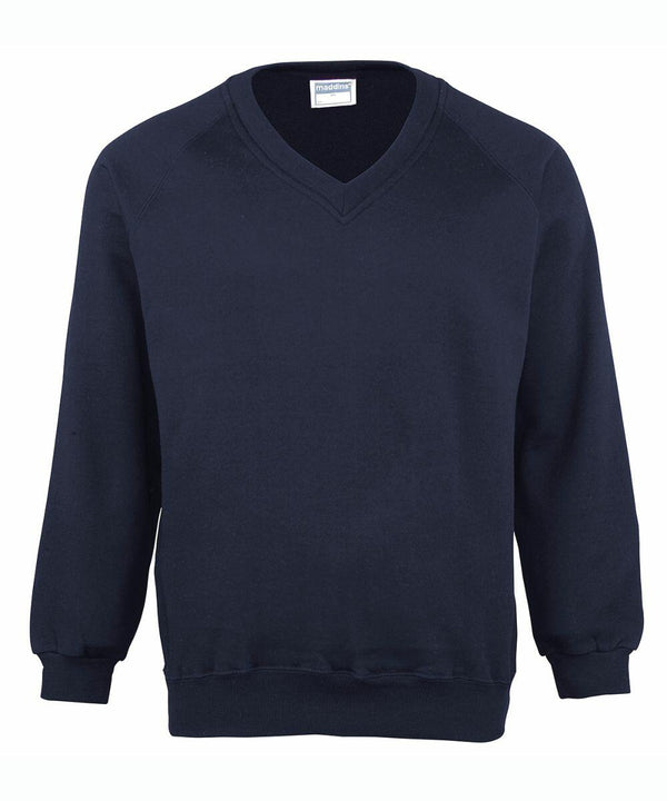 A plain dark blue MD02M by Maddins with long sleeves and ribbed cuffs and waistband.