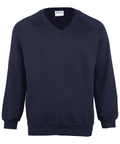 The MD02M sweatshirt by Maddins is a plain navy blue V-neck with long sleeves and ribbed cuffs, featuring a smooth texture that provides both comfort and a casual look.