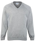 A gray V-neck sweatshirt with long sleeves, made from a soft and casual fabric, perfect for everyday wear. The label on the neckline is visible but does not prominently feature the brand name Maddins.