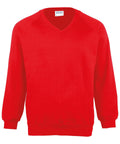 A Maddins MD02M plain red V-neck sweatshirt with long sleeves displayed on a white background.