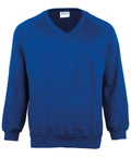 The Maddins MD02M sweatshirt is a plain blue V-neck with long sleeves and features ribbed cuffs and hem, presented on a white background.