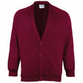 The Maddins MD04B is a maroon cardigan featuring a deep V-neck, button closure, long sleeves, and ribbed cuffs.