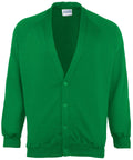 A Maddins MD04B green button-up cardigan with long sleeves and a V-neck design.