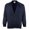 The MD04B by Maddins is a navy blue cardigan featuring a deep V-neck and button-down front. It comes with long sleeves and has ribbed hem and cuffs. The fabric looks soft and comfortable.