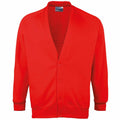 This is the Maddins MD04B, a vibrant red cardigan featuring long sleeves, a V-neck, and button closure. It is displayed facing front against a plain white background.