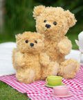 Two Mumbles MM016 teddy bears sitting on a red and white checkered blanket outdoors with small green and yellow teacups in front of them.