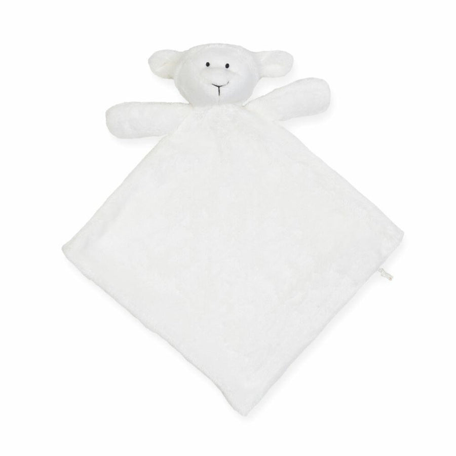 A Mumbles MM019 plush blanket featuring a lamb's head and arms, in white.