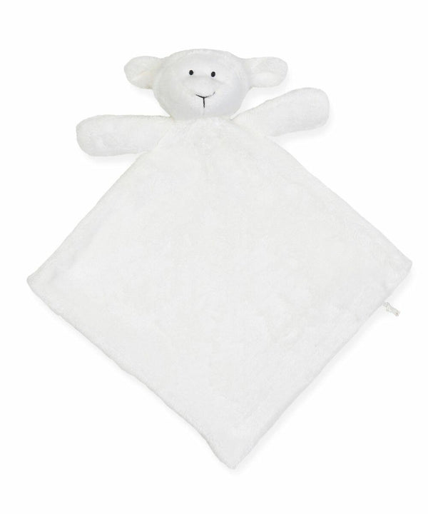 A white lamb-shaped baby blanket with a stuffed lamb's head and arms at the top, MM019 from Mumbles.