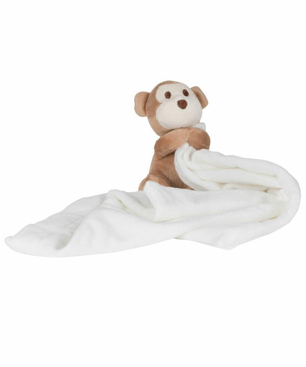 A brown plush monkey holding the end of a white blanket, MM020 by Mumbles.
