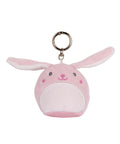 A pink and white plush bunny head keyring from Keyrings, featuring long ears, embroidered eyes, a small nose, pink cheeks, and a metal keyring attached at the top.