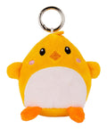 A cute yellow Keyrings plush chick features a round white belly, orange beak and feet, black eyes, pink cheeks, and is attached to a metal keyring at the top.