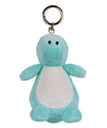 A cute Keyrings plush keyring featuring a light blue dinosaur with a white belly, black eyes, small arms and legs, attached to a silver keyring.