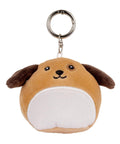 Keyrings: Plush dog-shaped keyring with brown fur, dark brown floppy ears, black embroidered eyes and nose, a small smile, white belly, and a keyring attached on top.