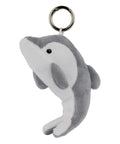 A cute keyring plush dolphin keyring, made of grey and white fabric with black eyes and a metal keyring on top.