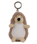 This Keyrings plush keyring features a cute hedgehog with a soft brown back, cream face and belly, tiny limbs, black nose, smile, and a metal keyring attached to its head.