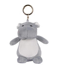 A grey and white plush hippo from Keyrings, featuring small round ears, embroidered eyes, and a soft design, with a metal key ring attached to the top of its head.