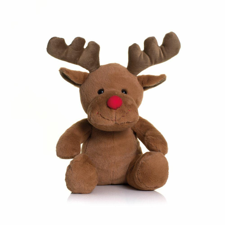 MM033 by Mumbles, a plush reindeer toy featuring brown fur, antlers, and a red nose, is displayed against a white background.
