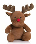 A plush toy reindeer, MM033 by Mumbles, with brown fur, antlers, and a red nose sits against a white background.