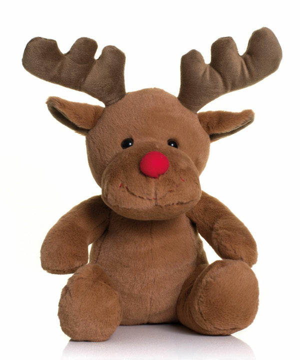 A plush toy reindeer, MM033 by Mumbles, with brown fur, antlers, and a red nose sits against a white background.
