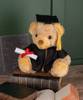 The Mumbles Graduation bear wears a black cap and gown, holds a rolled diploma with a red ribbon, and sits on stacked books, with an open book and blackboard featured in the background.