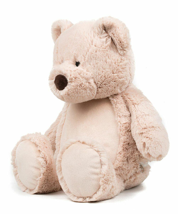 A soft, light beige teddy bear with a dark brown nose and rounded ears, sitting upright, from Mumbles and named MM051.