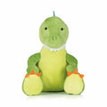 Product MM053 from Mumbles features a green plush dinosaur with round black eyes, a white triangular mouth border, and orange triangular feet accents. It is positioned upright on a plain white background.