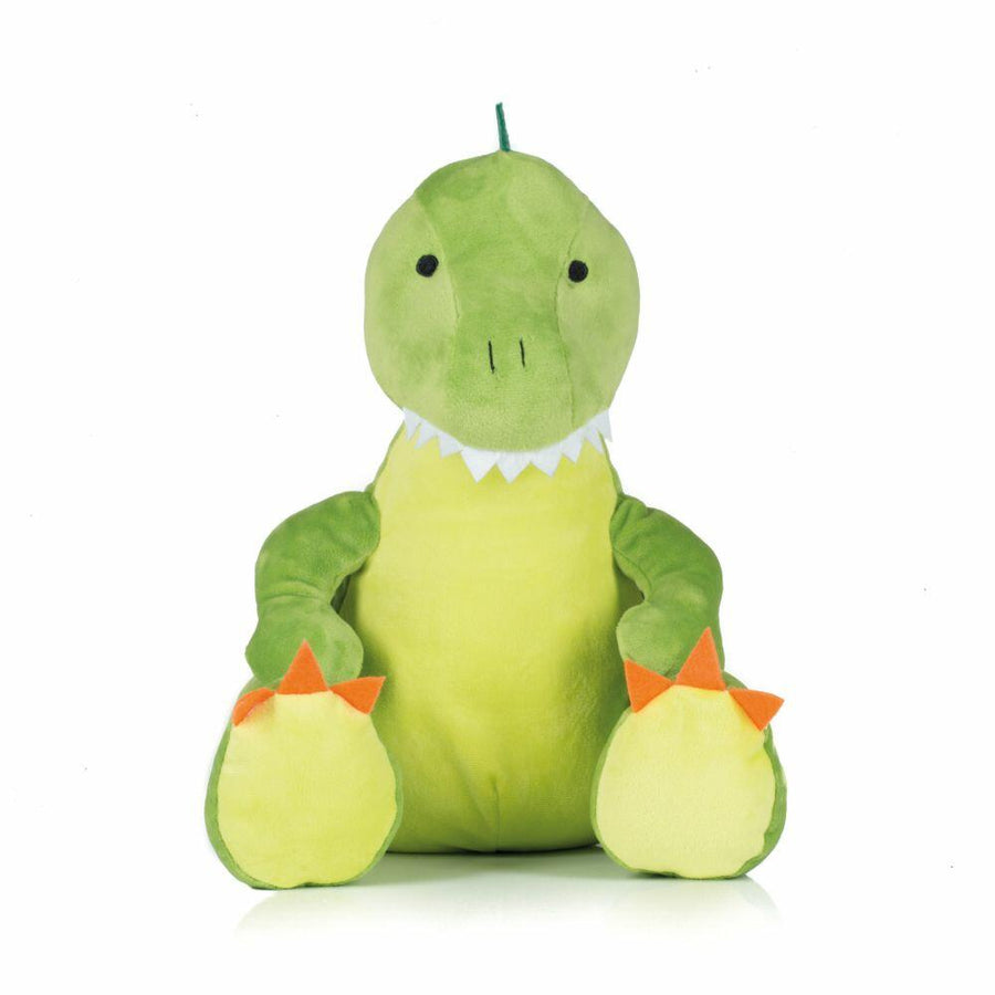 Product MM053 from Mumbles features a green plush dinosaur with round black eyes, a white triangular mouth border, and orange triangular feet accents. It is positioned upright on a plain white background.