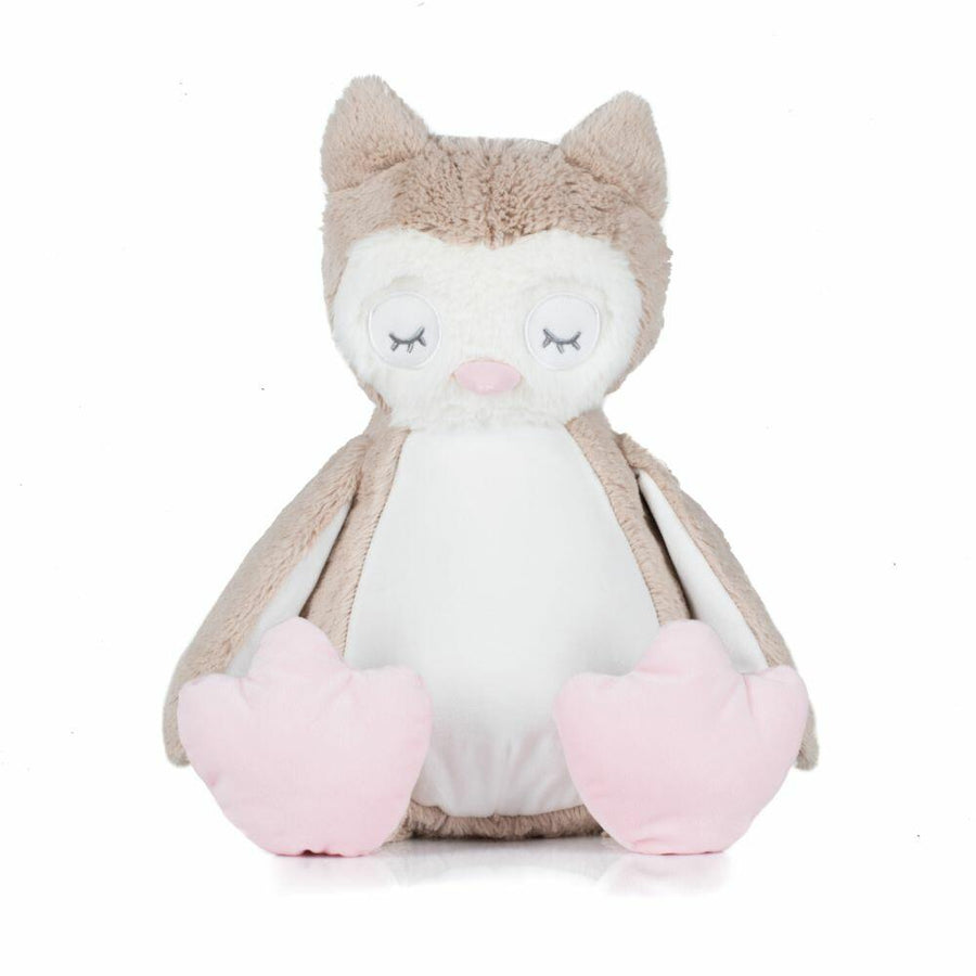 The Mumbles MM054 is a plush owl toy featuring beige and white fur, pink feet, and closed eyes.